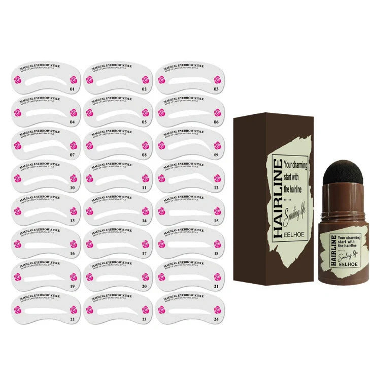 Eyebrow stamp kit with powder compact, air cushion applicator, 10 stencil cards, and dual-ended brow brush on white background