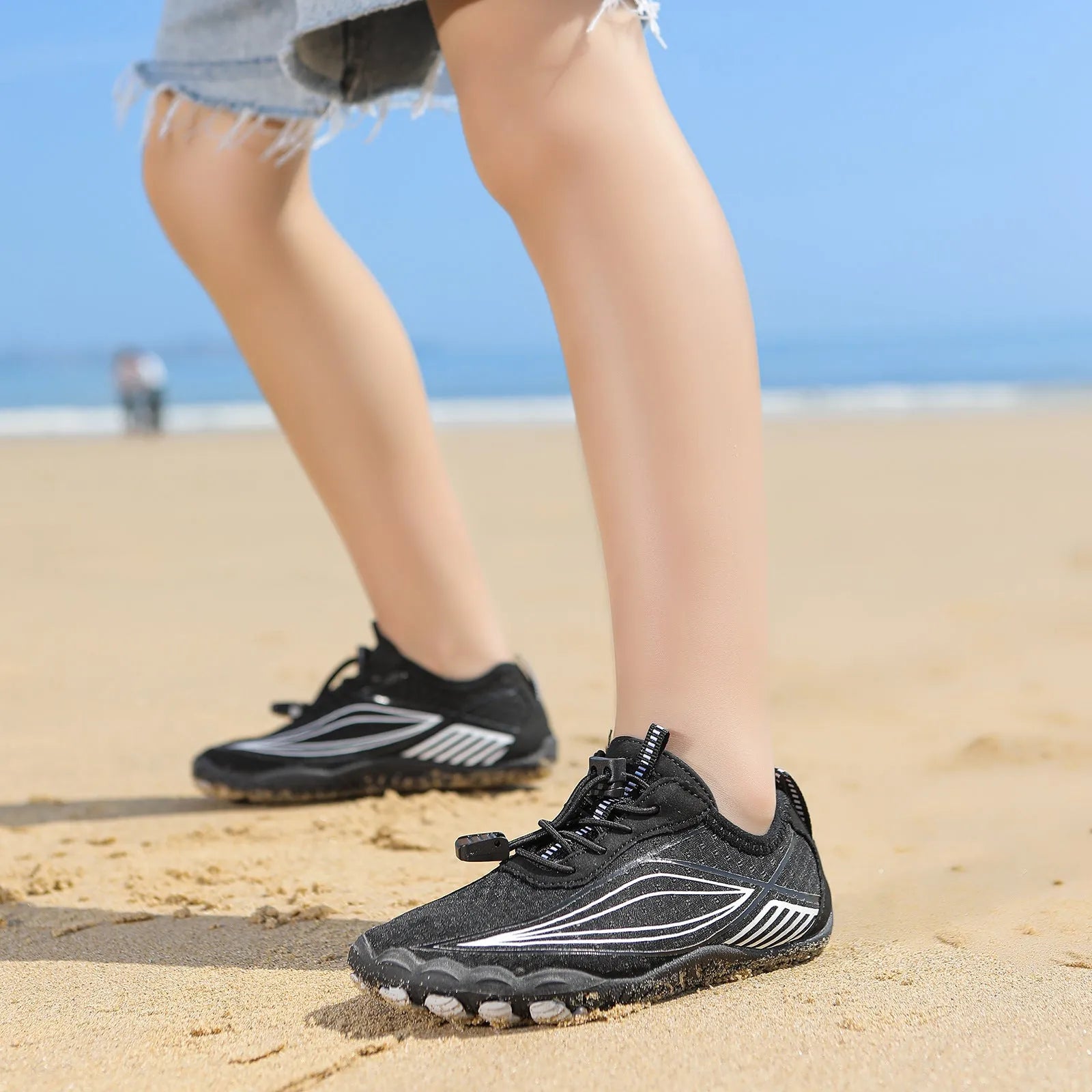 Children's wading swimming shoes with non-slip rubber sole in black, grey, pink, and blue colour options