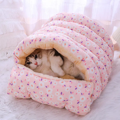Enclosed winter cat nest with removable cover in a small blue flower print pattern.