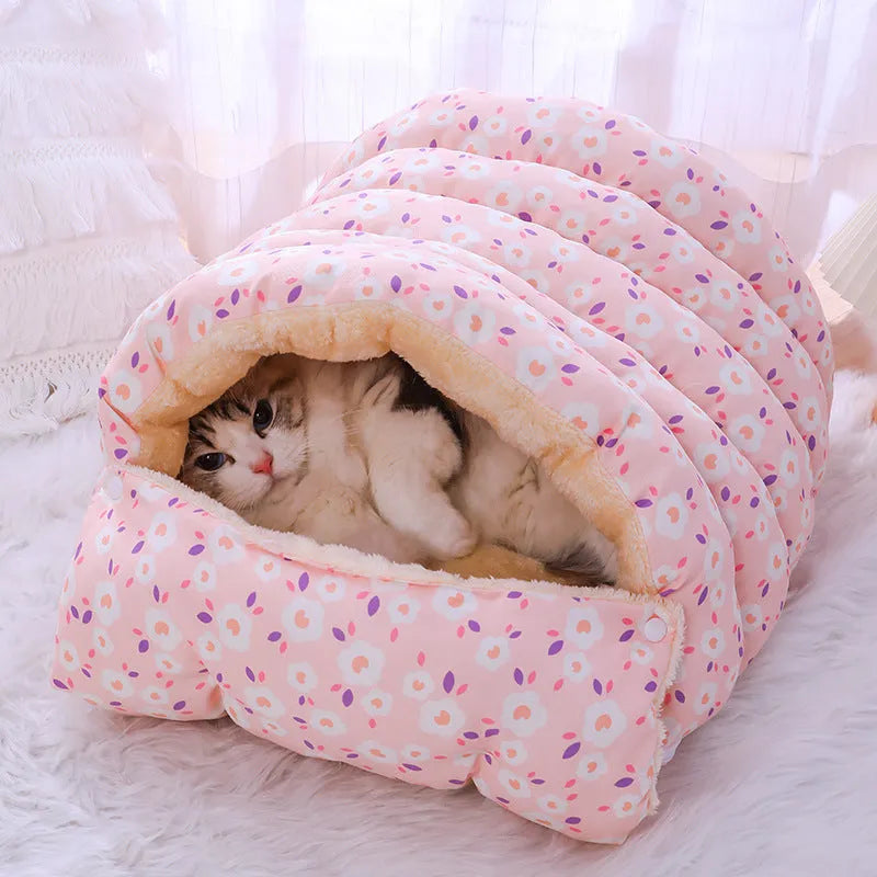 Winter Warm Cat Nest Pet Bed with Removable Cover in Small Flower Print Patterns for Cats Under 15kg, Available in S and M Sizes