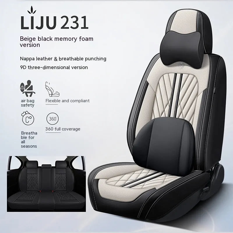 Five-seat car seat cushion set with leather covering in various colour combinations