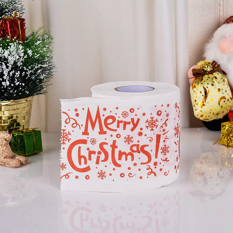 Christmas-themed toilet paper roll with Santa Claus and holiday designs