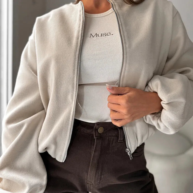 Brown women's loose casual jacket with off-shoulder neck and long lantern sleeves.