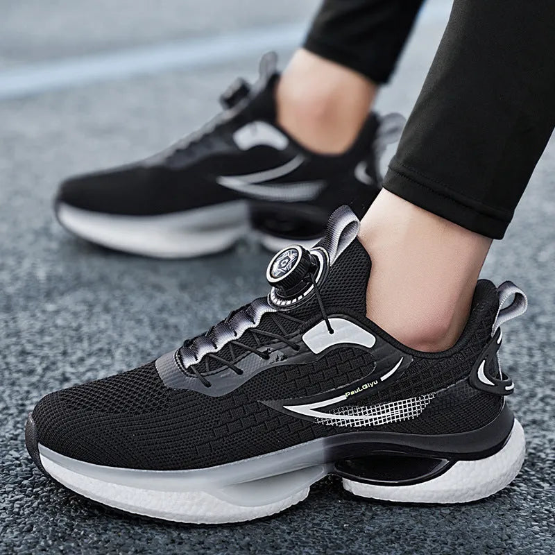 Men's white low-top running sneakers with a buckle fastener and mesh upper.