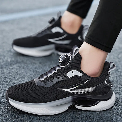 Men's white low-top running sneakers with a buckle fastener and mesh upper.