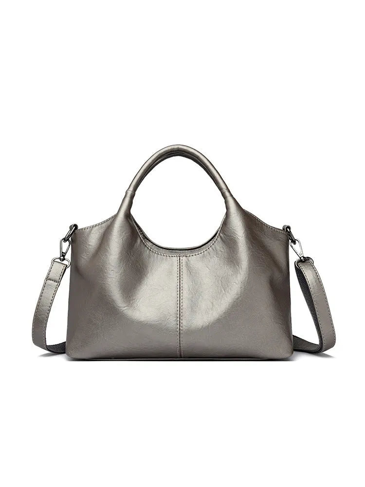 Women's soft genuine leather large crossbody bag shown in available colours: black, brown, wine red, yellow, beige, bronze, green.