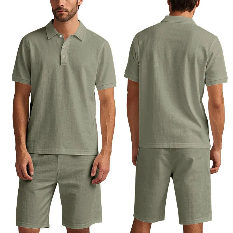 Men's light blue linen-blend short sleeve shirt and matching shorts casual summer suit set