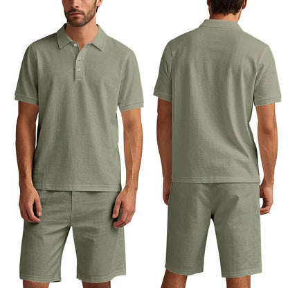 Men's light blue linen-blend short sleeve shirt and matching shorts casual summer suit set