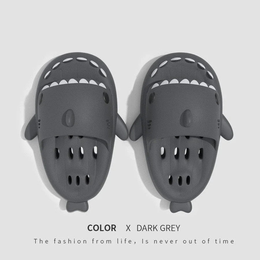 Stylish shark-themed shower slides with drainage holes and non-slip soles, made of lightweight and quick-drying EVA material