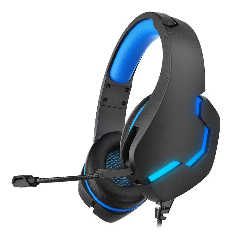 J10 3.5mm wired gaming headset with mic, LED lights, soft PU earmuffs, and blue or red colour options