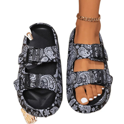 Women's thick sole EVA slippers in leopard print design for bathroom and beach use.