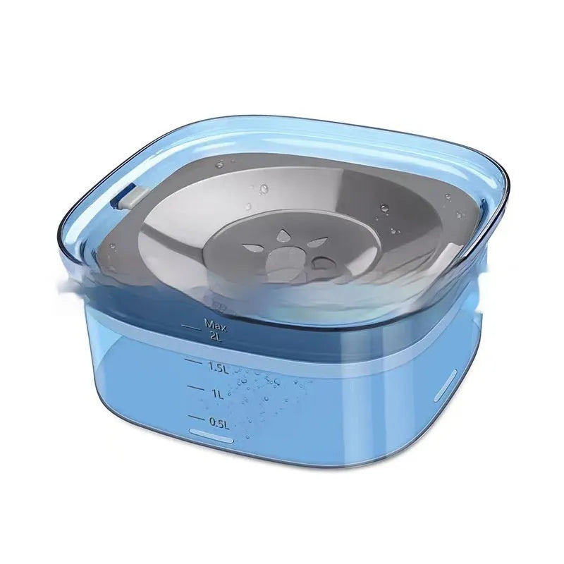 Transparent 70oz dog water bowl with floating disk, showing water level indicator and non-slip base