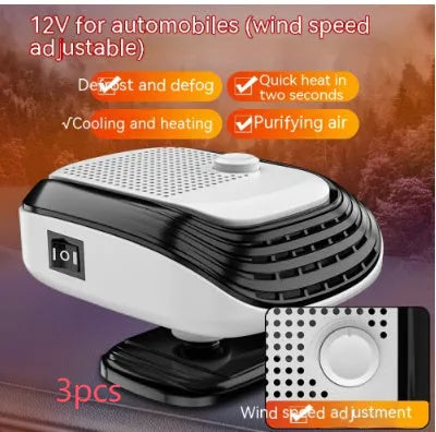 Compact white car heater with ventilation grilles measuring 5x11x13cm for 12V and 24V vehicle installation