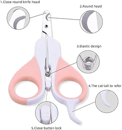 Grey and pink handled cat nail clippers with angled blade and safety lock for small pets