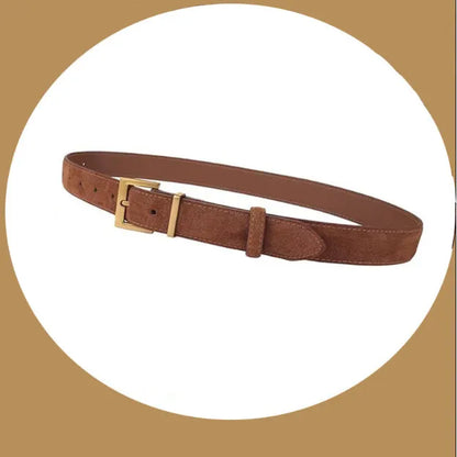Ladies genuine leather pin buckle belt with quadrilateral alloy buckle in black, caramel, dark brown or light brown