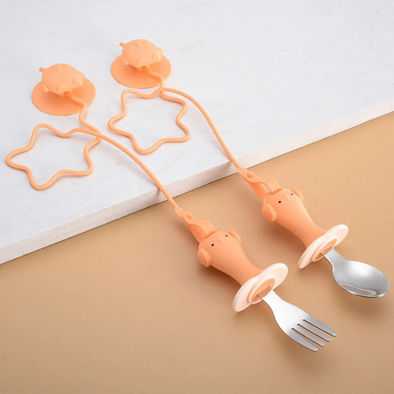 Infant stainless steel training spoon and fork set with silicone anti-drop chain and suction cup