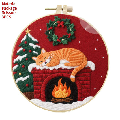 Cat embroidery DIY kit with autumn fruit design on fabric and a 20cm imitation bamboo embroidery frame