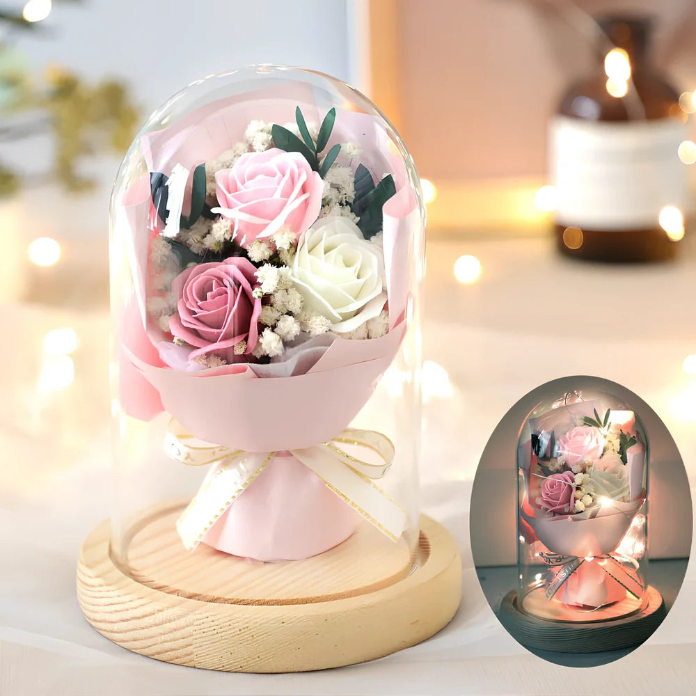 Soap flower bouquet in glass cover with red rose arrangement measuring 16cm height