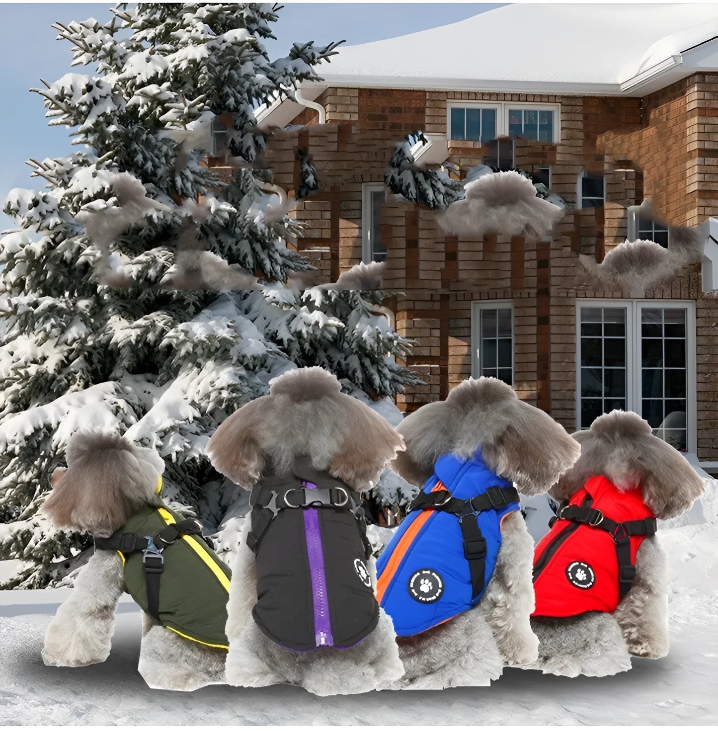 Chest strap dog jacket in polyester material showing harness-style design and cotton-padded construction
