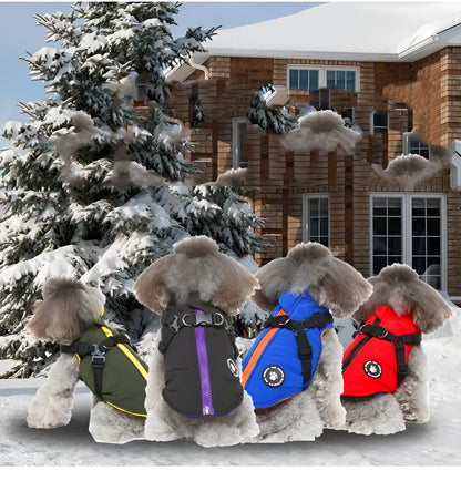 Chest strap dog jacket in polyester material showing harness-style design and cotton-padded construction