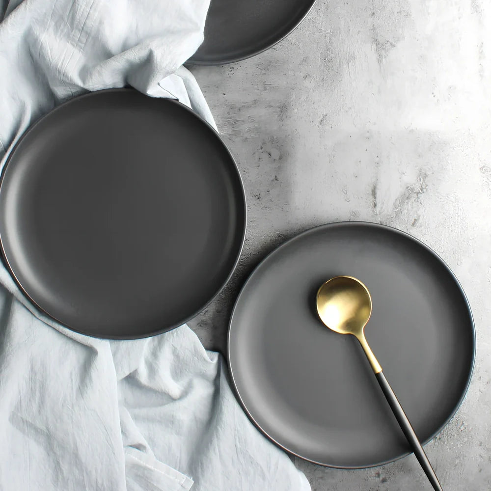 Nordic ceramic tableware set with rice bowl, noodle bowl, flat plate, and soup bowl in matt glaze finish