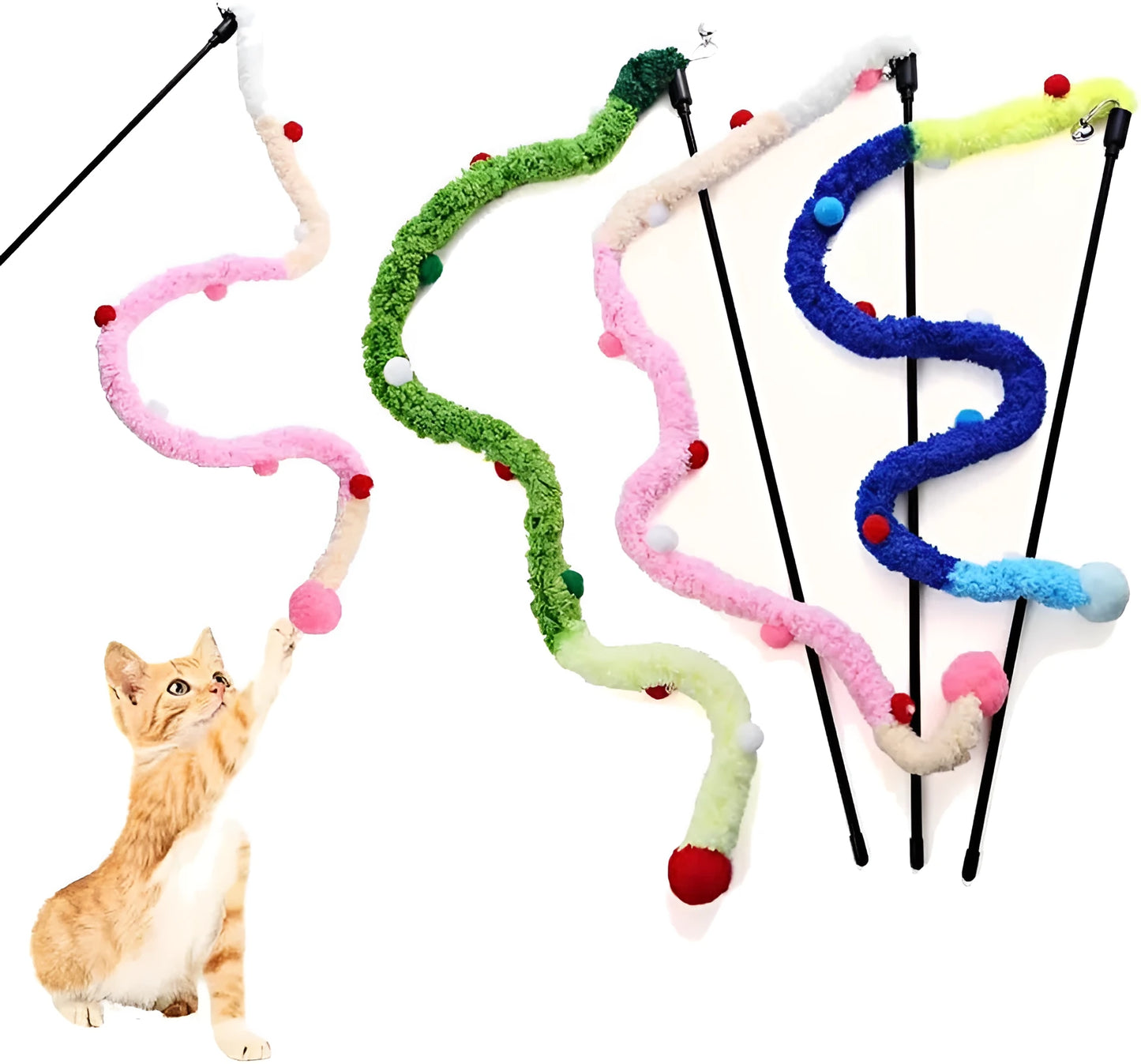 Interactive cat wand toy with plush strip, fluffy ball, and bells on a 41cm pole.