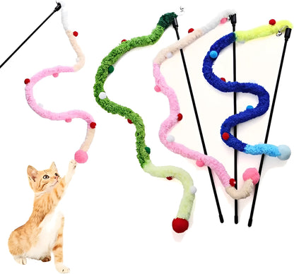 Interactive cat wand toy with plush strip, fluffy ball, and bells on a 41cm pole.