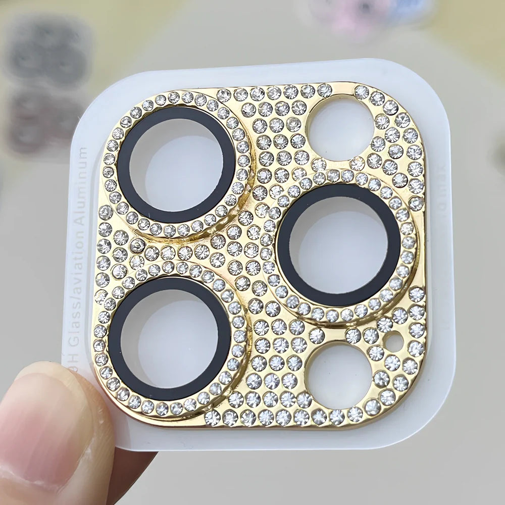 Diamond-embedded iPhone lens protector with 9H hardness showing black colour option on iPhone 15 Pro