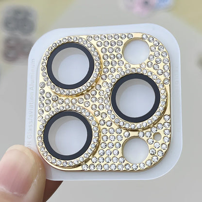 Diamond-embedded iPhone lens protector with 9H hardness showing black colour option on iPhone 15 Pro