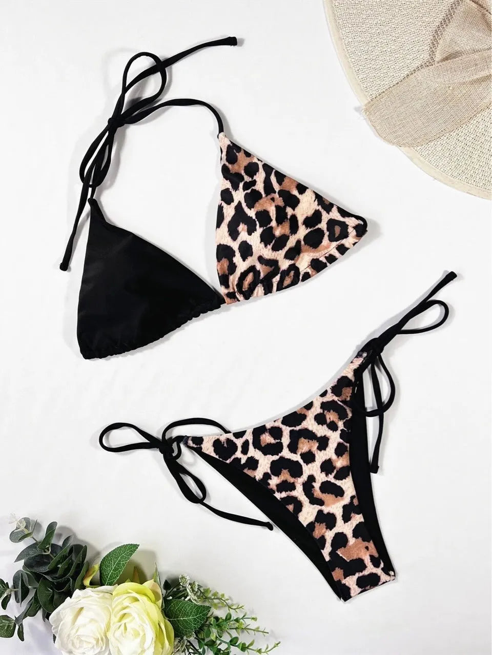 Women's leopard print halter neck bikini with front lace-up closure in black colour