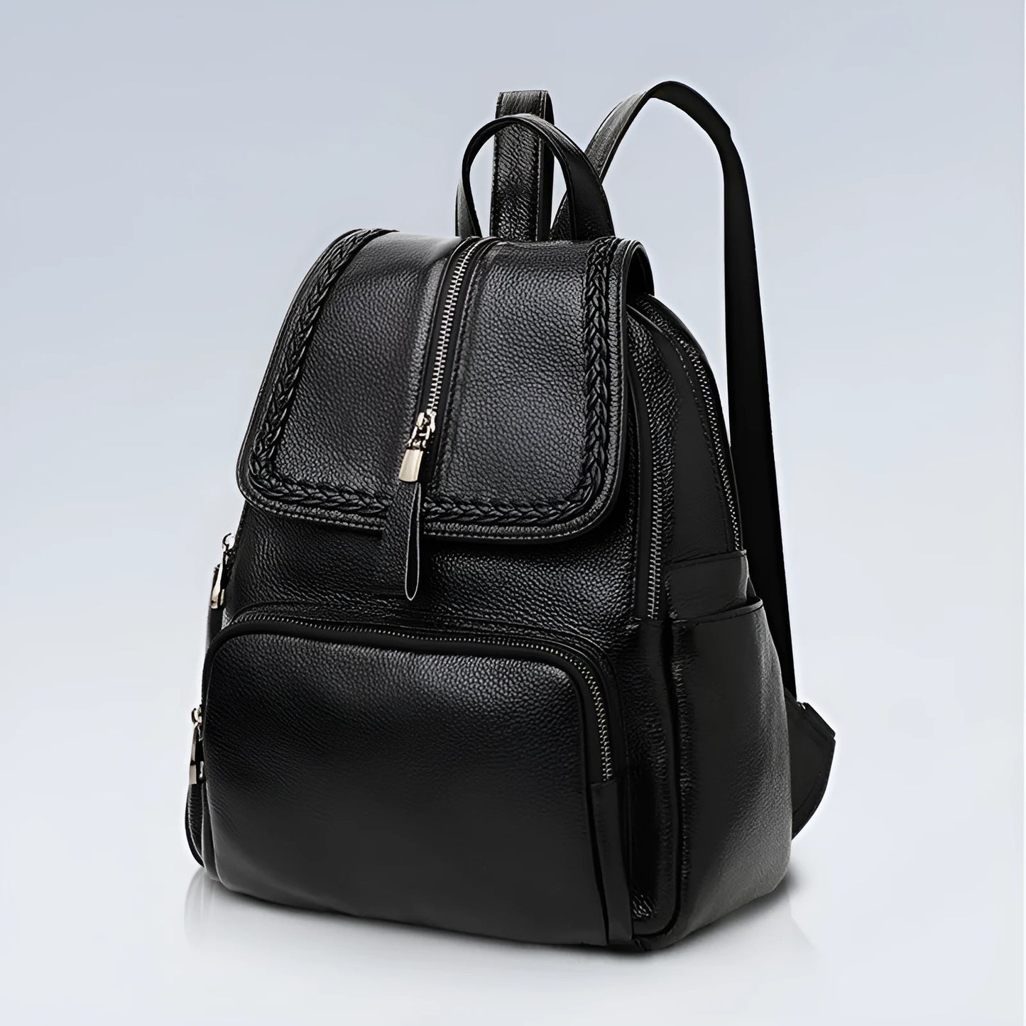 Blue genuine leather women's backpack with external sandwich pocket and internal organiser compartments