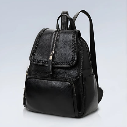 Blue genuine leather women's backpack with external sandwich pocket and internal organiser compartments