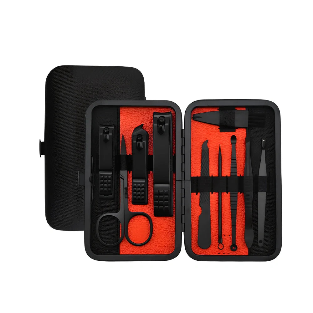 Beauty and manicure nail care kit with stainless steel tools in PU leather case showing multiple grooming implements