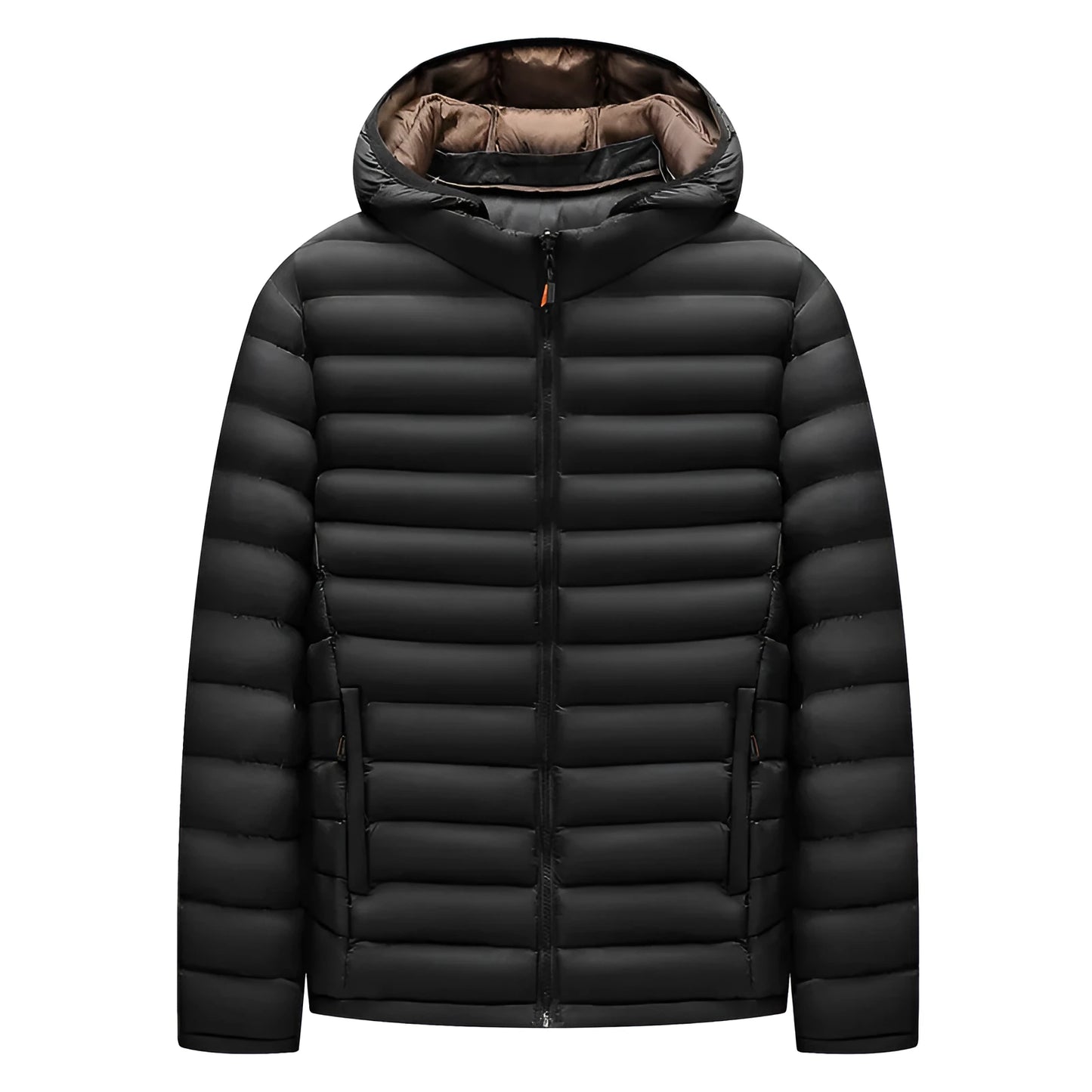 Men's solid-colour hooded down jacket with a detachable collar and zippered pockets.