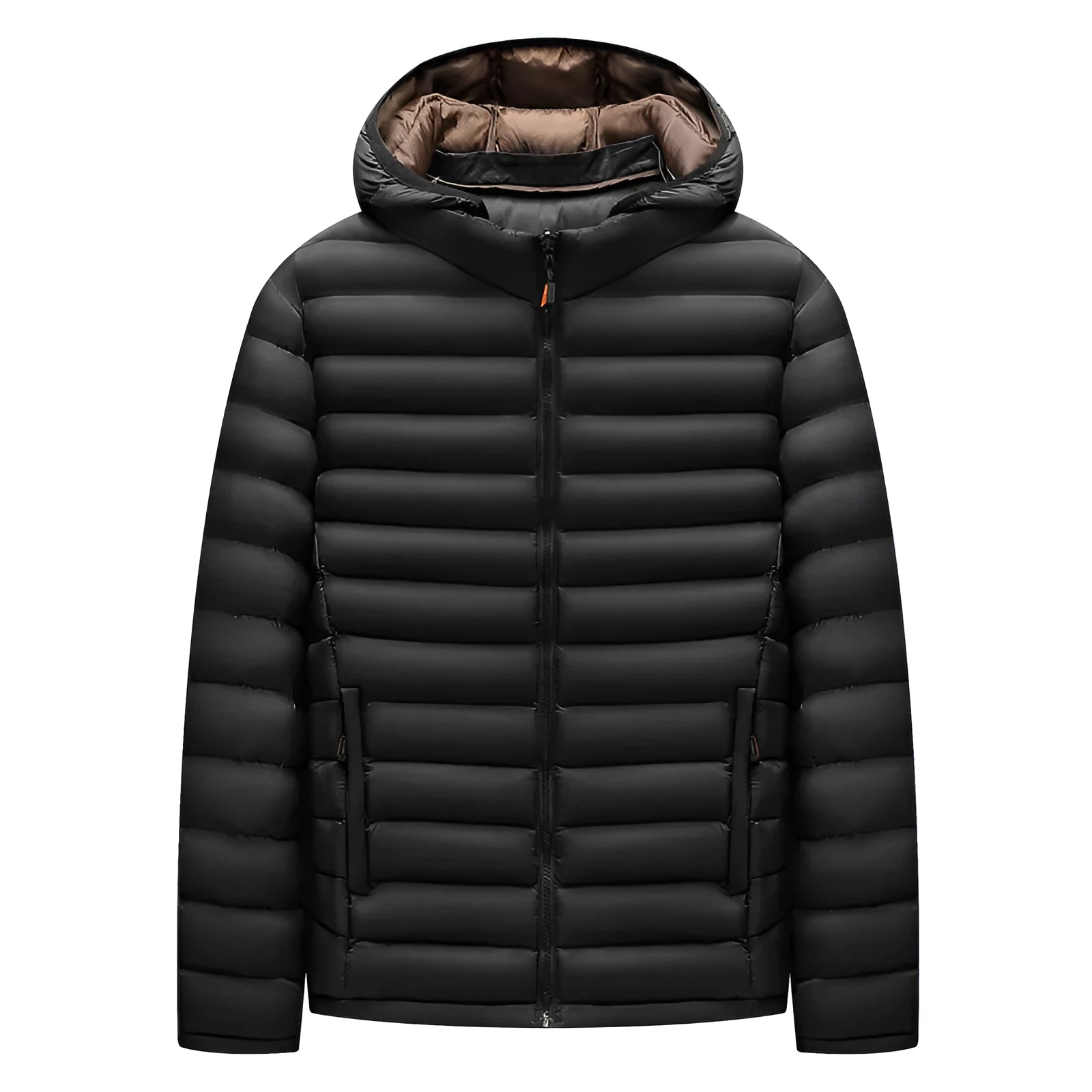 Men's solid-colour hooded down jacket with a detachable collar and zippered pockets.