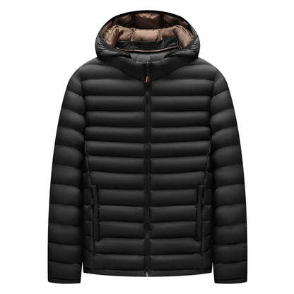 Men's solid-colour hooded down jacket with a detachable collar and zippered pockets.