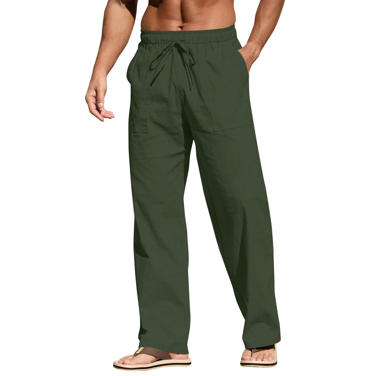 Men's cotton beach trousers with drawstring elastic waist straight leg casual design in multiple colours