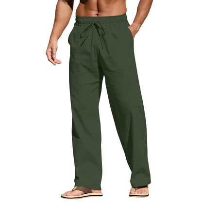 Men's cotton beach trousers with drawstring elastic waist straight leg casual design in multiple colours