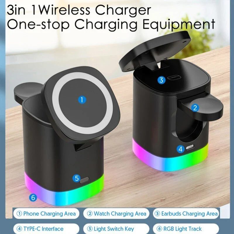 3-in-1 wireless charging station with magnetic functionality and smart lighting for smartphones, smartwatches, and earbuds