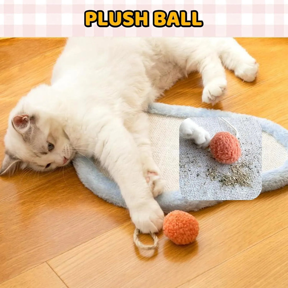 White natural sisal cat scratching mat with sleeping cat cartoon design, mounted on a wall.