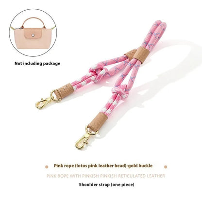 Braided rope and leather shoulder strap with a metal buckle in gold or silver finish