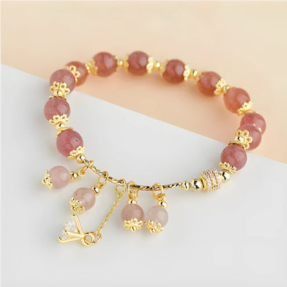 Pink heart-shaped strawberry quartz crystal bracelet with pearl accents for women