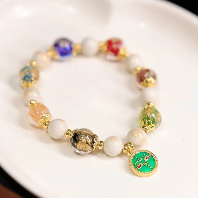 Fragrant Gray Porcelain Bracelet, Fragrant Gray Glazed Five Gods of Wealth Bracelet, 10mm Geometric Unisex National Style Buddhist Accessory, Handmade Coloured Glaze Glass Bracelet with Wealth God Symbols