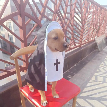 Black and white nun costume cloak for a small dog on a Halloween backdrop.