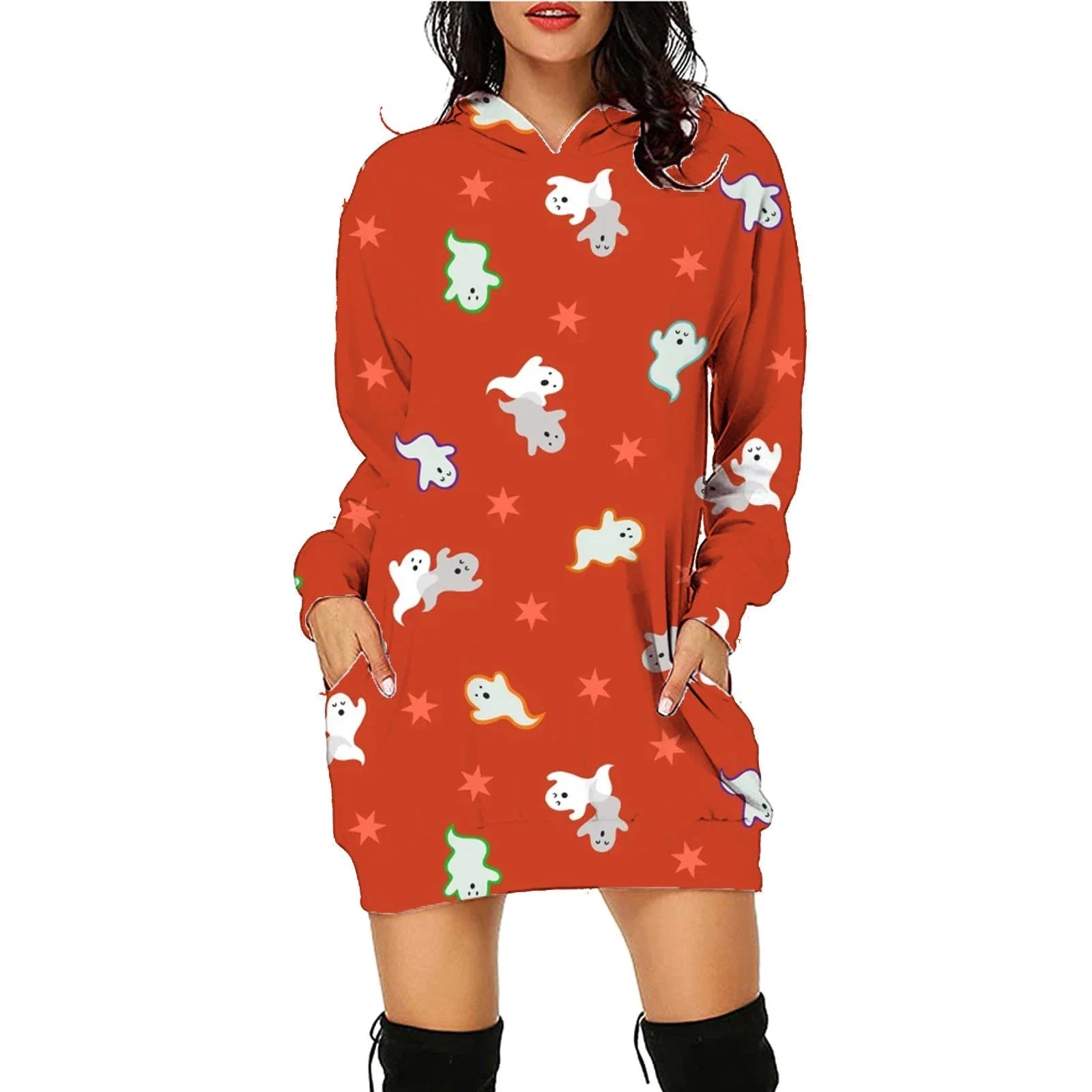 Women's cozy pullover hoodie with bold Halloween-themed print, available in multiple vibrant color options