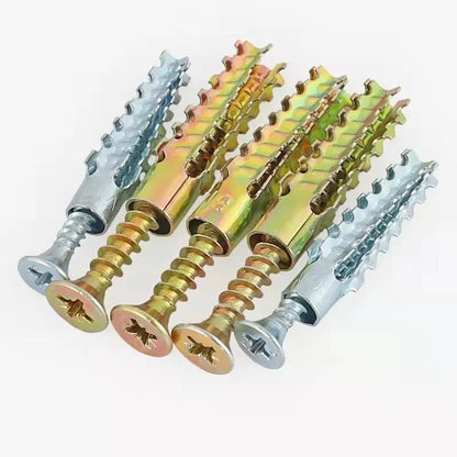 Barbed serrated metal expansion screw anchor for brick and concrete walls in various sizes.