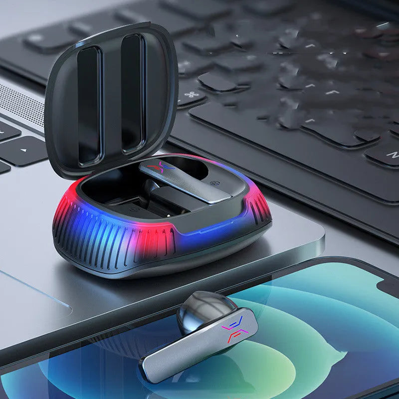 Hall Flashing wireless Bluetooth gaming headset in black or white with earplug design