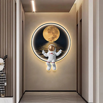 Space-themed canvas wall art with optional LED bedside lamp for children's bedrooms in Spaceman pattern