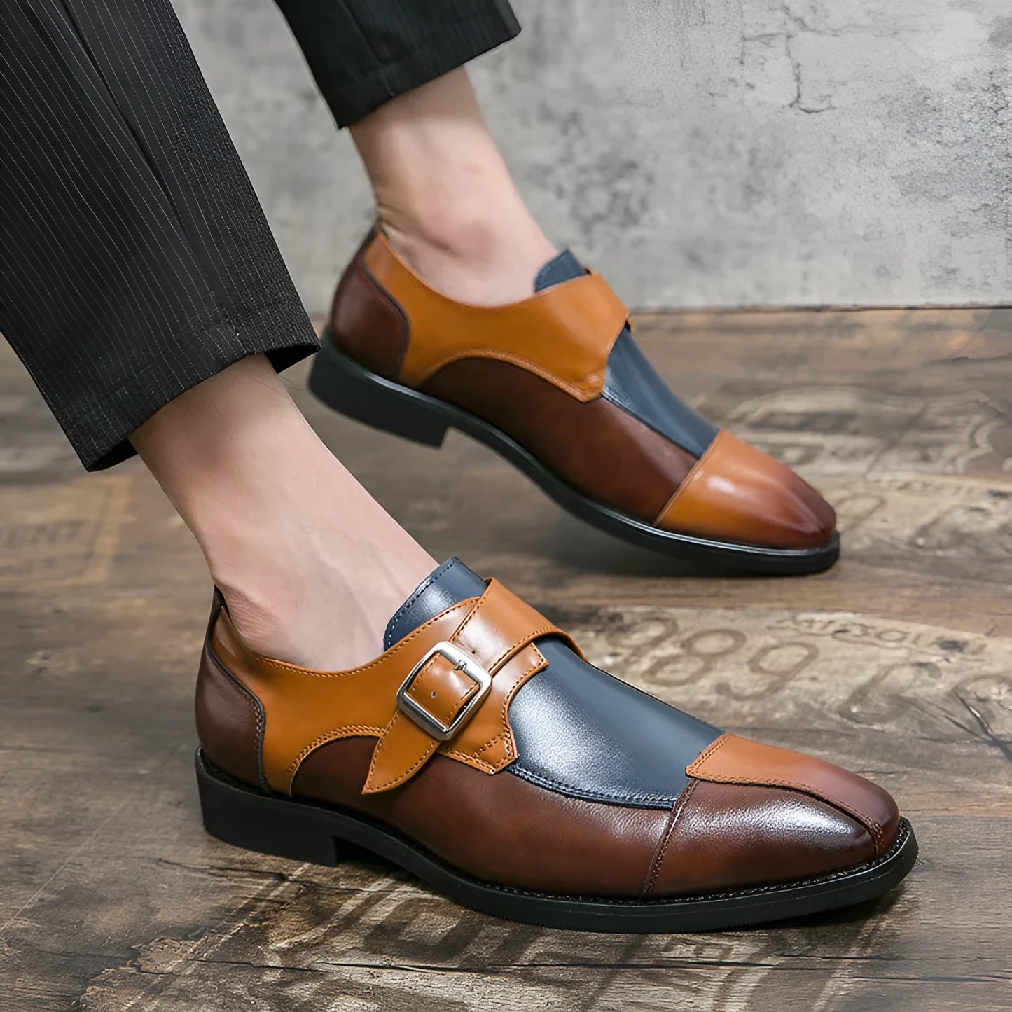 Men's brown blue and black retro-style casual leather shoes with a tall crown microfiber upper.