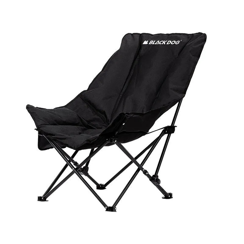 Night black folding camping recliner with Oxford cloth seat and moon chair style, shown in an outdoor setting.